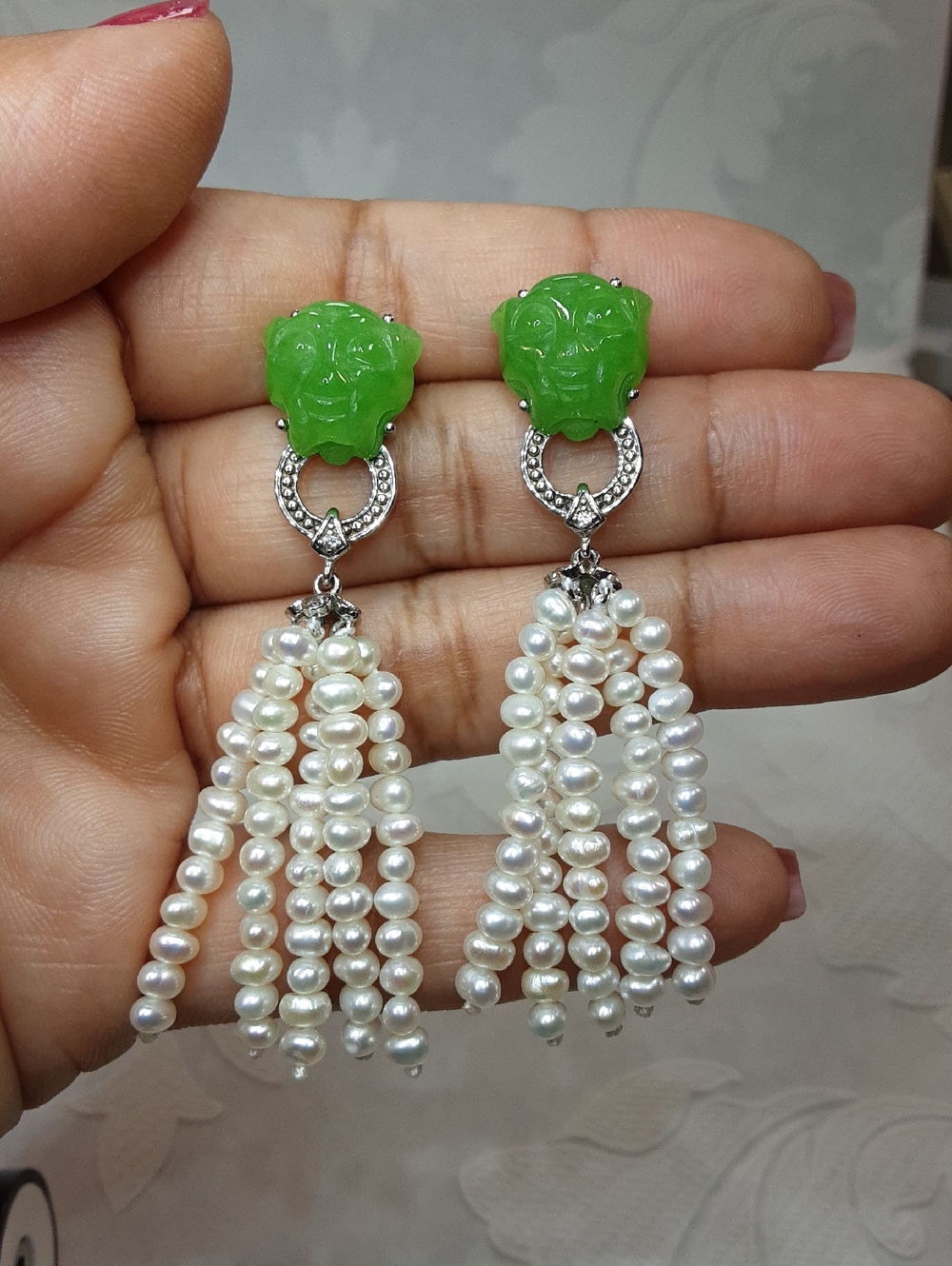 925 Genuine Jade And Pearl Drop Earrings.